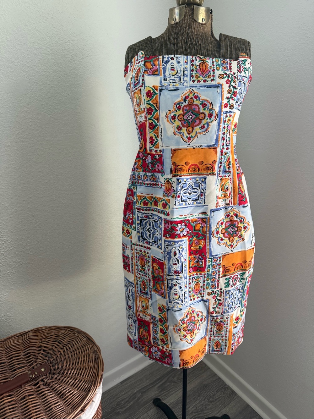 Women's Strapless Mediterranean Tile Print Dress in White & Orange